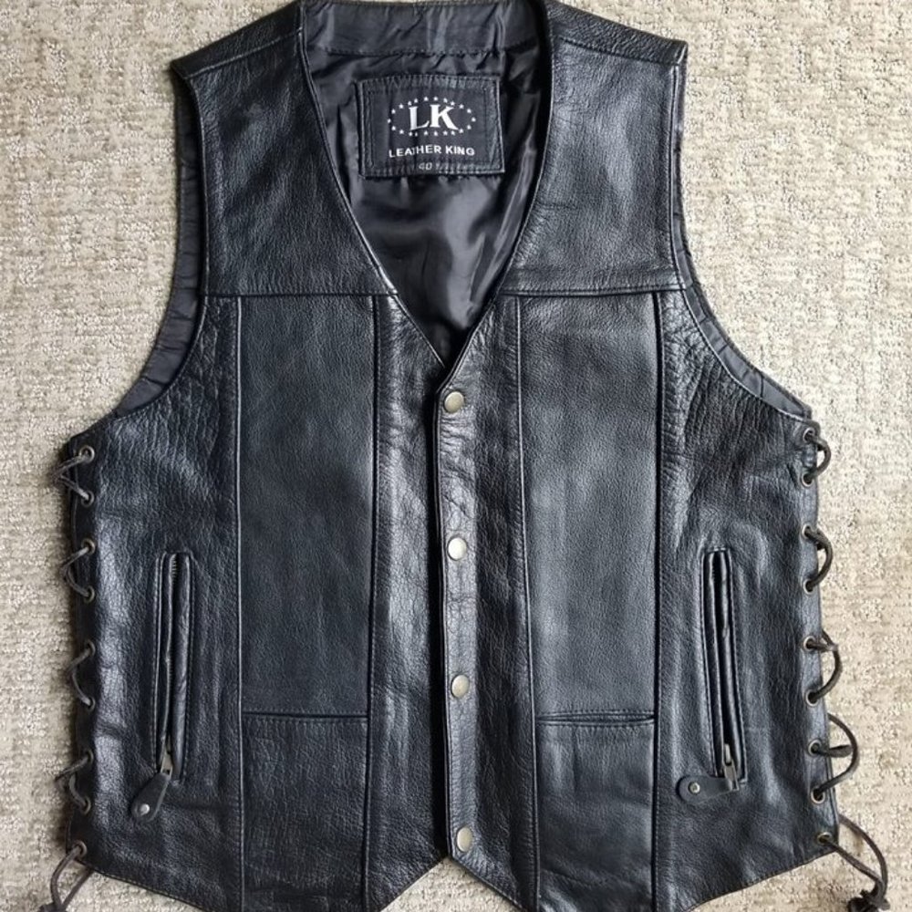 New Leather King Black Men's Vest with Side Laces